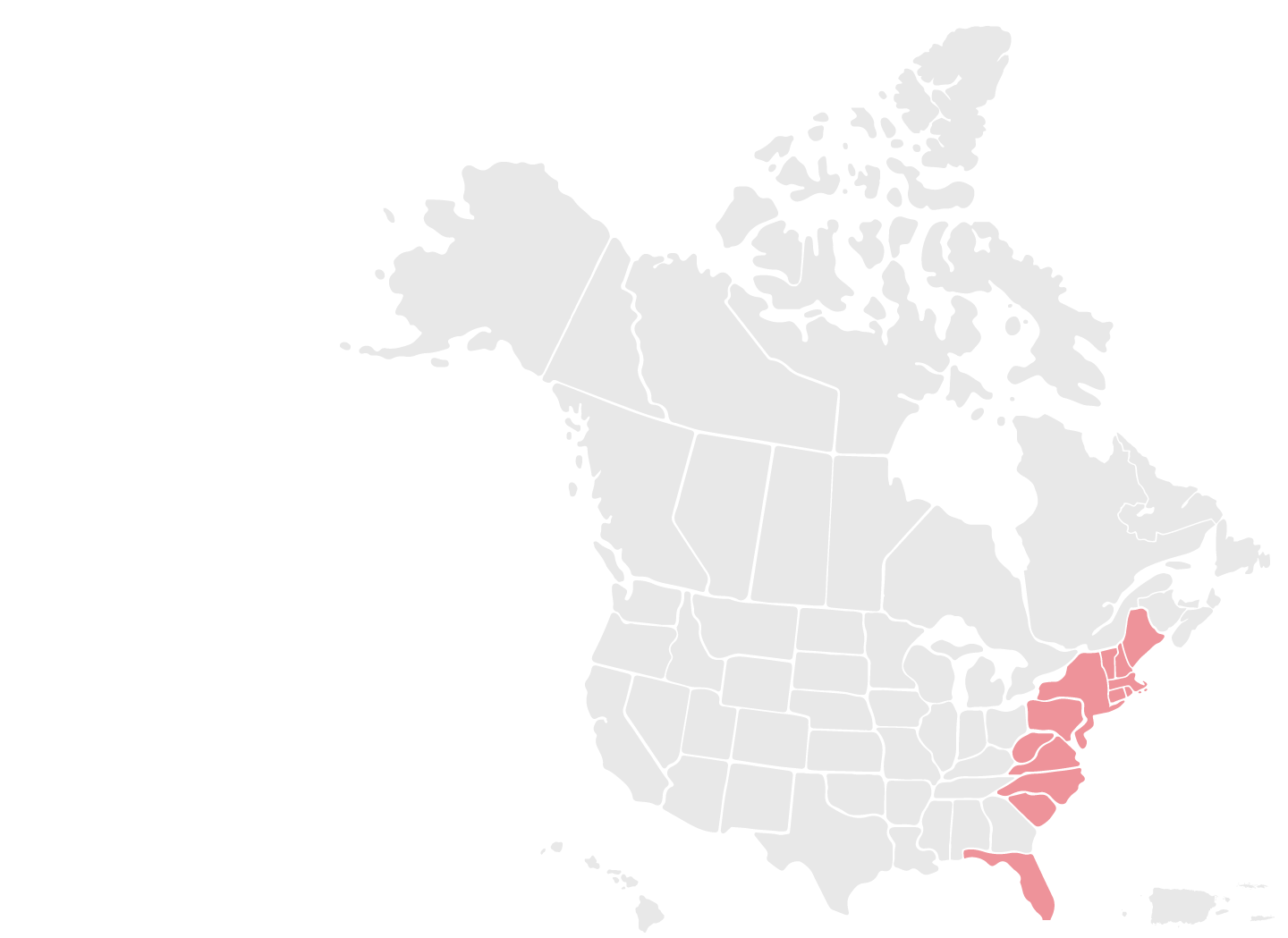 US and Canada map with US states CT, DC, DE, FL, MA, MD, ME, NC, NH, NJ, NY, PA, PR, RI, SC, VA, VT, and WV highlighted in red